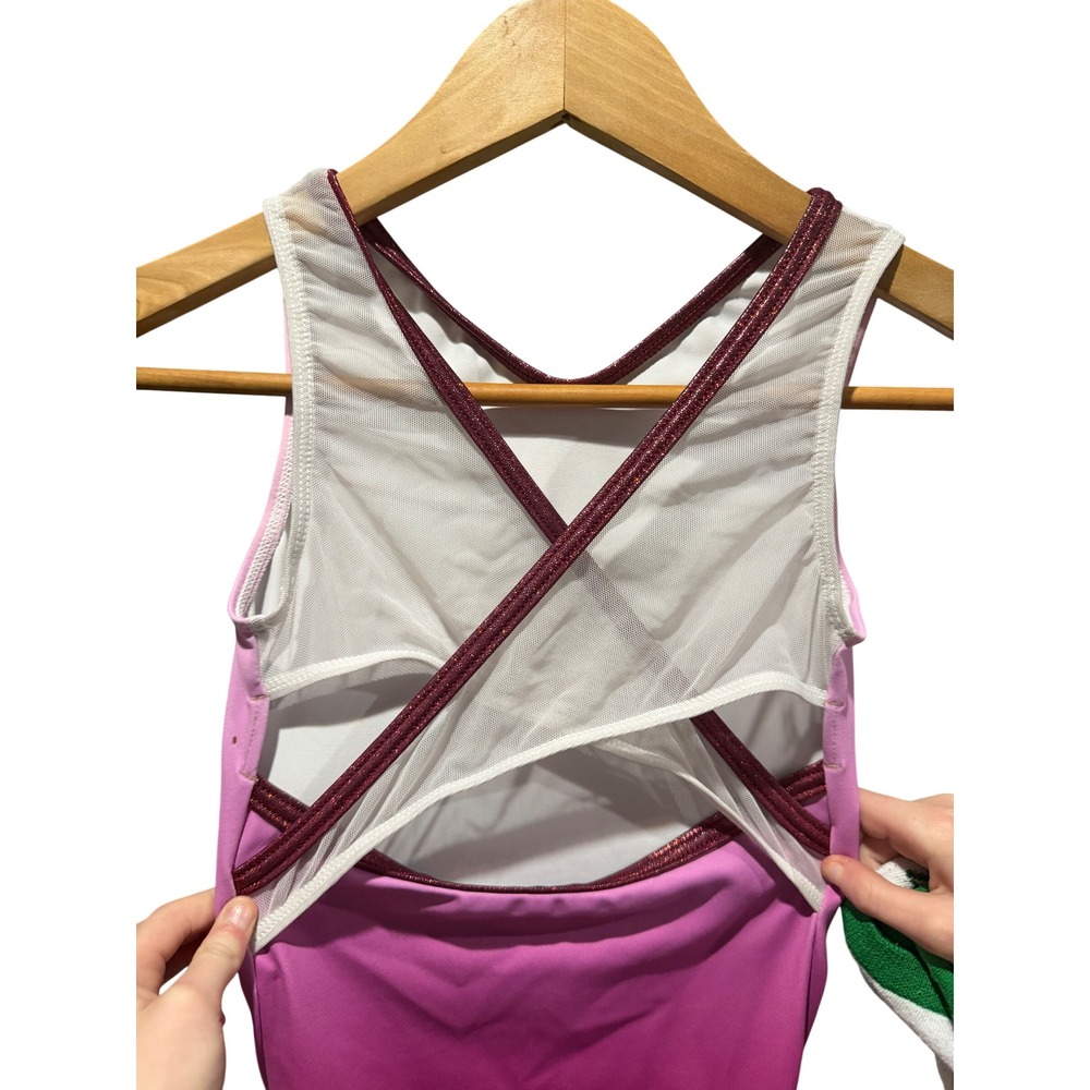 GK Elite Jade Carey Kids Gymnastics Leotard Pink Purple Ombre Mesh Back AXS - Picture 4 of 8